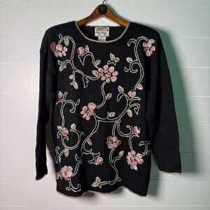 Heirloom Collectibles Sweater Womens Small Black Floral Vintage 90s